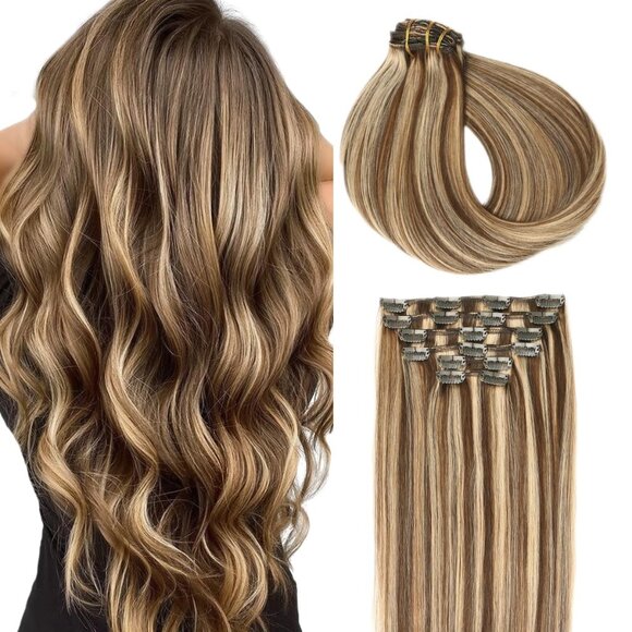 Other - Clip in Human Hair Extensions 16 Inch Chocolate Brown & Caramel Blonde